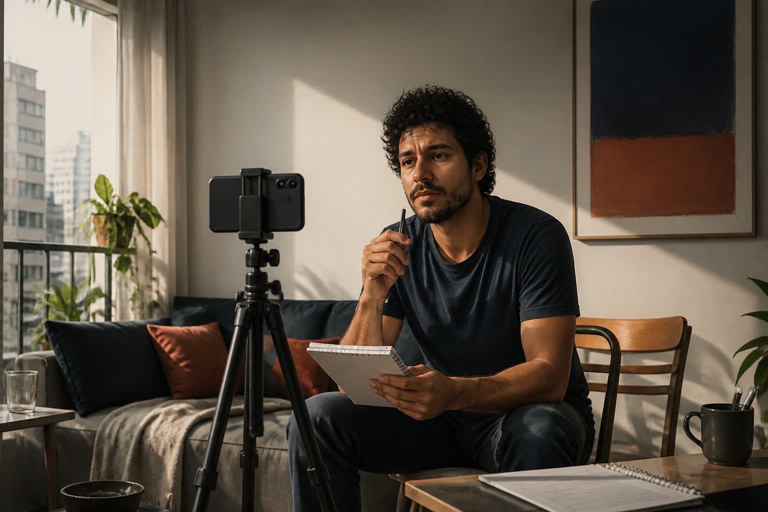 Ator preparando uma gravação de apresentação com celular e anotações